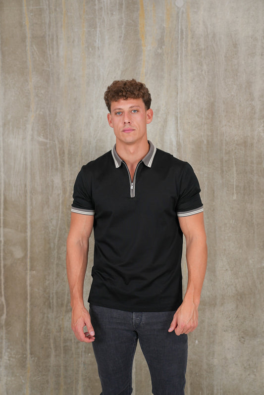 Bulletto Pique Zipped Polo Shirt Black & Grey