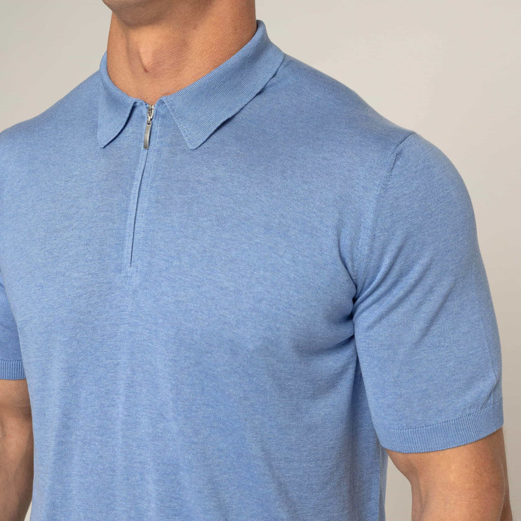 Bulletto Zipped Knitted Polo Shirt - Sky