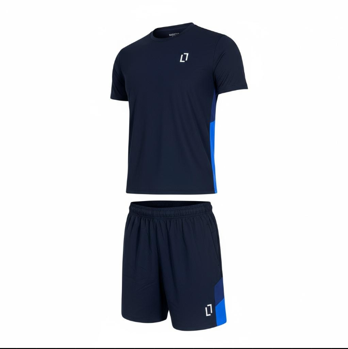 Navy blue athletic shirt and shorts set with a logo on a white background