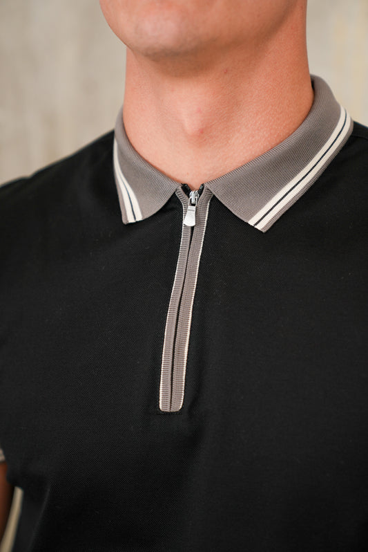 Pique Zipped Polo Shirt (Black & Grey)