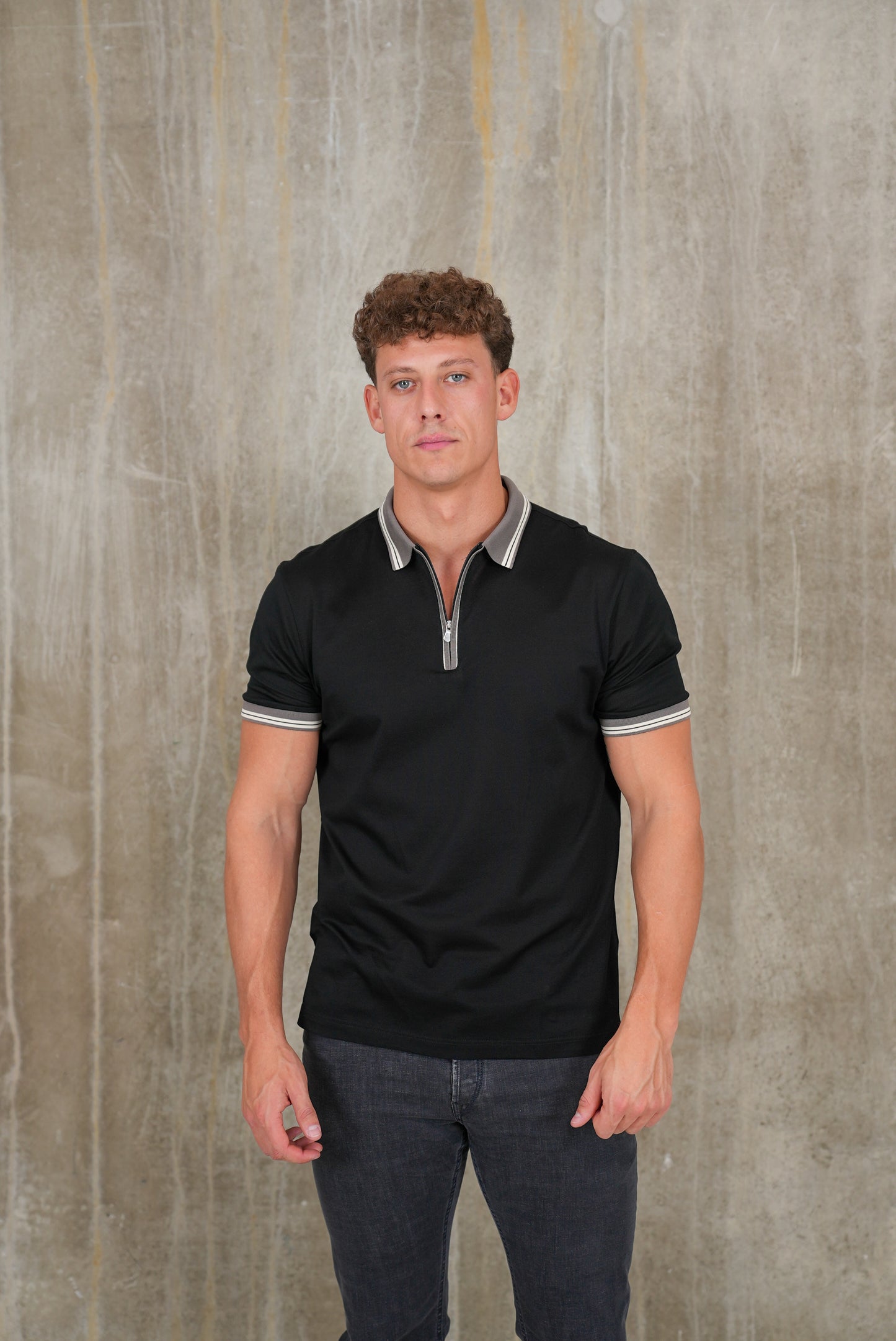 Pique Zipped Polo Shirt (Black & Grey)