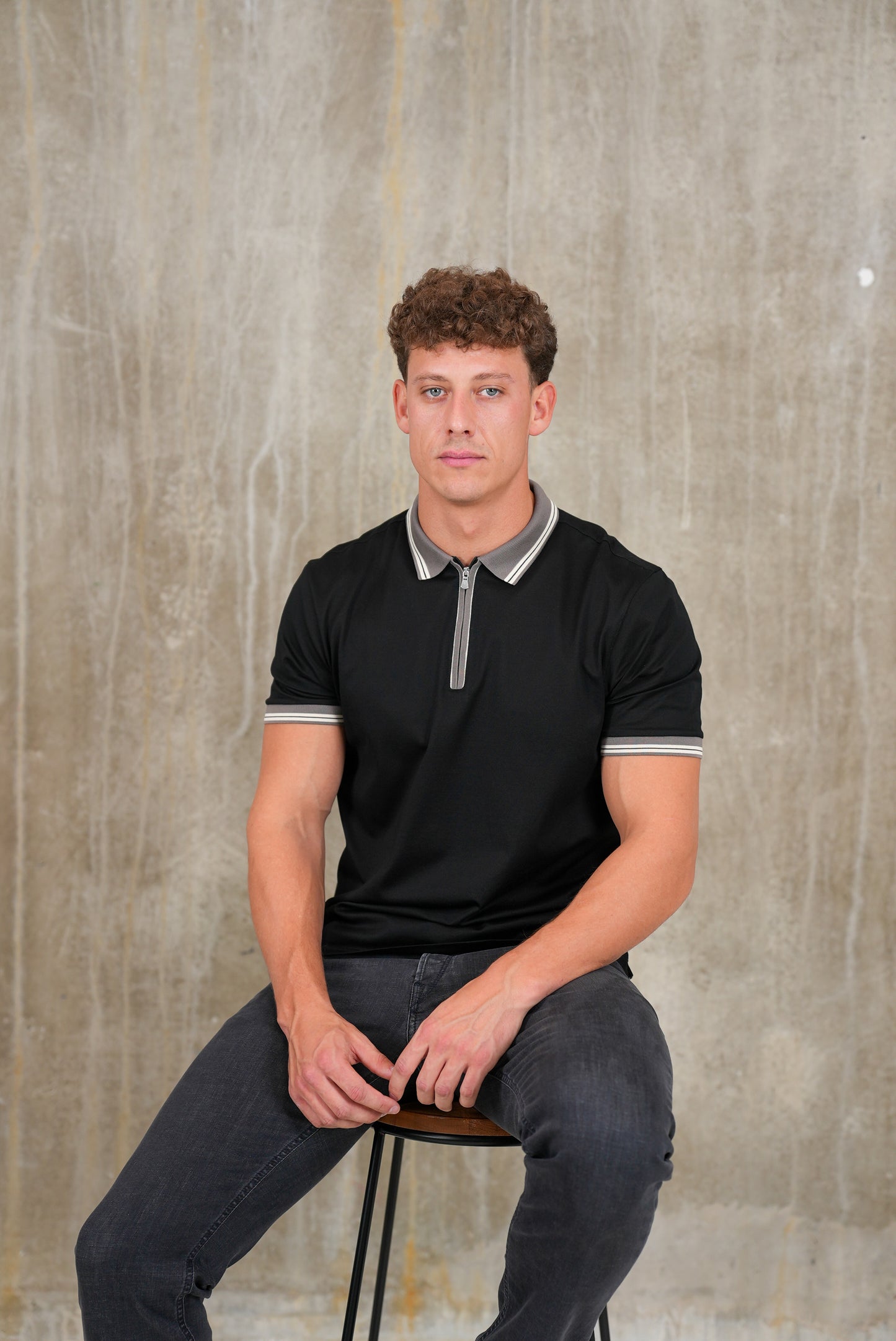 Pique Zipped Polo Shirt (Black & Grey)