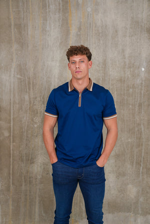 Bulletto Pique Zipped Polo Shirt Royal Blue & Brown