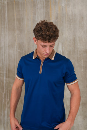 Bulletto Pique Zipped Polo Shirt Royal Blue & Brown