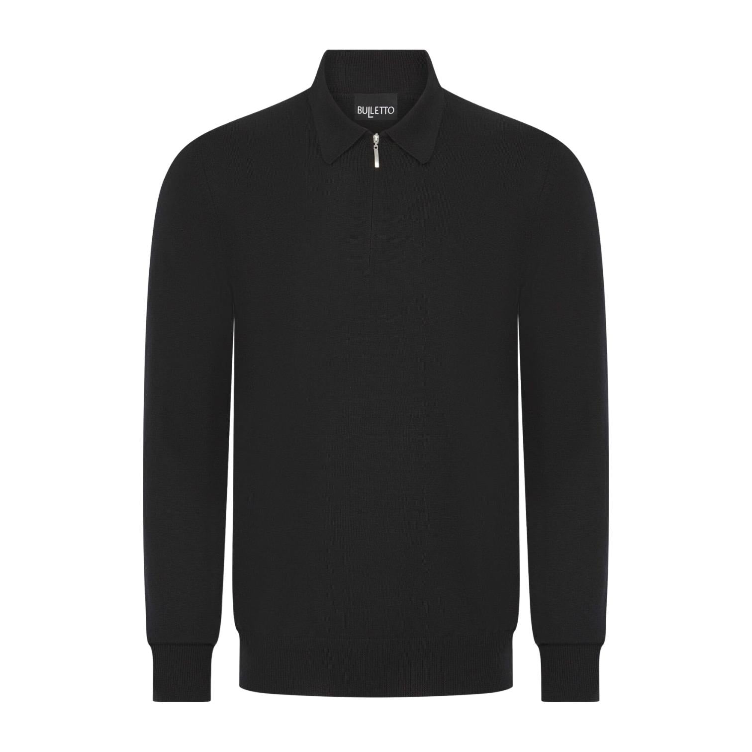 Bulletto Zipped Knitted Polo Shirt Sleeved - Black