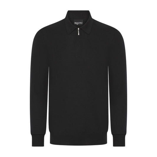 Zipped Knitted Polo Shirt Sleeved - Black