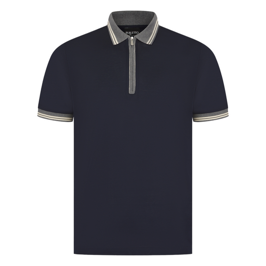 Pique Zipped Polo Shirt - Navy / Grey