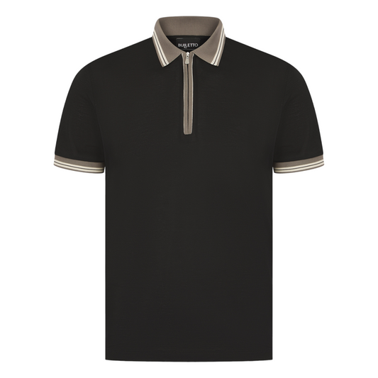 Pique Zipped Polo Shirt - Black / Grey