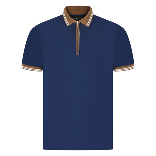 Pique Zipped Polo Shirt - Royal / Brown